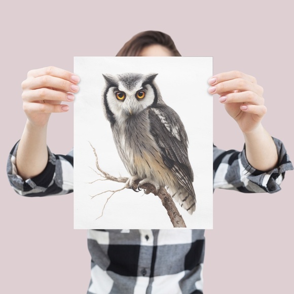 Watercolor Northern White-Faced Owl Portrait Wall Art Print Poster, Unframed - Picture 4 of 6